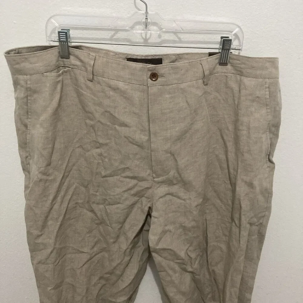 NWT TASSO ELBA beige flat front zip fly linen straight leg dress pants 40/32